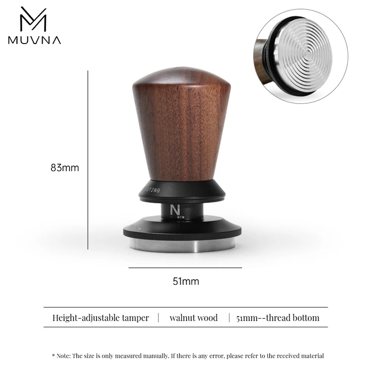 Muvna Adjustable coffee tamper - walnut 58.35mm-threaded base